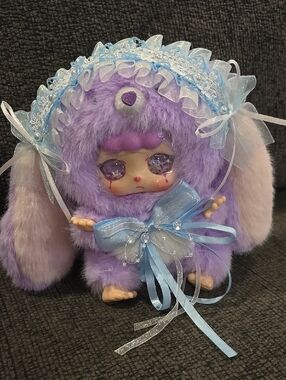 Purple Plush Bunny Doll with Blue Ribbon & Lace Bonnet